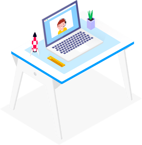 illustration of desk with laptop and image of man with headset